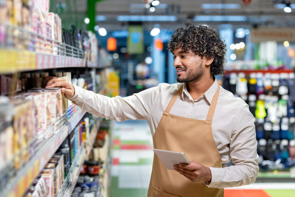 retail employee looking at shelves